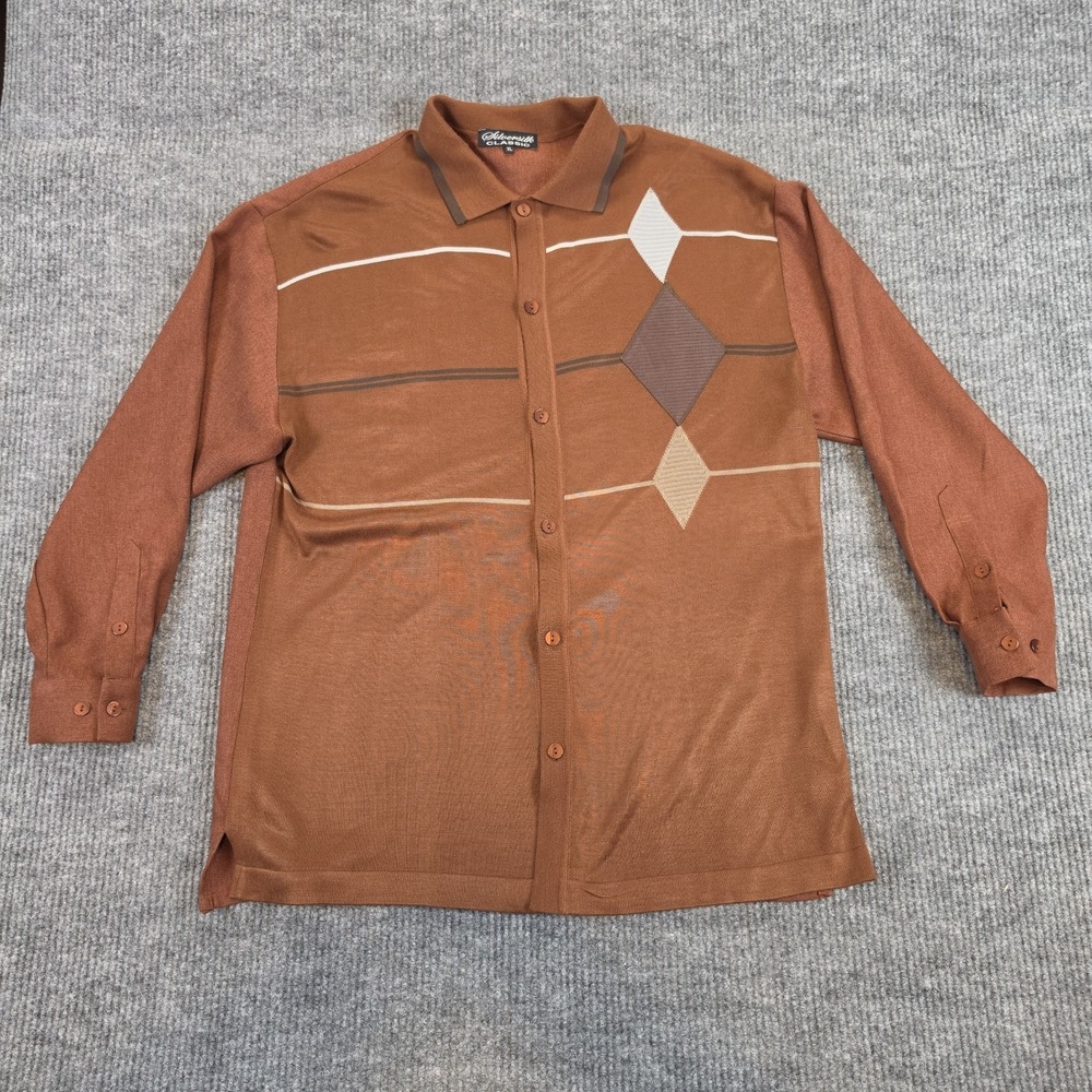 Silversilk Classic Shirt Mens XL Rust Brown Knit Argyle Geometric Button Up